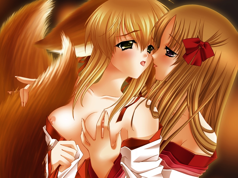 animal_ears bow breasts brown_eyes brown_hair carnelian female fox_ears fox_girl fox_tail fujihime game_cg kitsunemimi meirin_(yamibou) multiple_girls tail tongue yami_to_boushi_to_hon_no_tabibito yuri