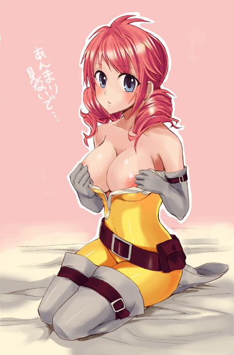 1girls blue_eyes blush breasts cleavage feldt_grace female gundam gundam_00 kneeling long_hair nipples open_clothes open_shirt otabe_sakura otabetaste red_hair seiza shirt sitting solo spandex thigh_strap thighhighs zipper