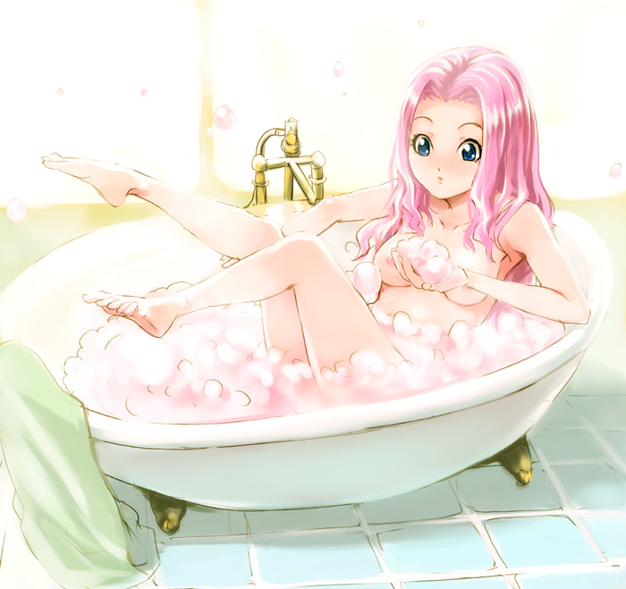 1girls areolae barefoot bath bathing bathtub blush breasts bubble_bath darry_adai foam long_hair maimu nude solo tagme tengen_toppa_gurren_lagann