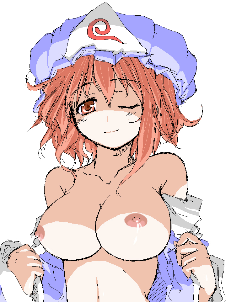 blush breasts gekkou_ookami open_clothes open_shirt shirt short_hair touhou yuyuko_saigyouji