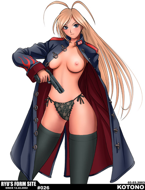 1girls blonde_hair blush breasts cloak copyright_request female gun handgun long_hair open_clothes open_shirt panties pistol ryu_(artist) semiautomatic shirt side-tie_panties solo thighhighs underwear weapon