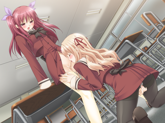 2girls blush cum cunnilingus female game_cg long_hair matsubara_yuuna multiple_girls no_panties oda_nanami open_clothes open_shirt oral panties peko school_uniform seifuku serafuku shirt skirt sono_hanabira_ni_kuchizuke_wo standing_yuri thighhighs underwear uniform yuri