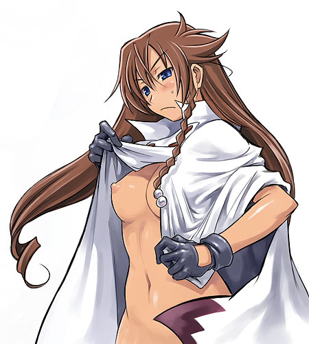 1girls blue_eyes braid breasts brown_hair cape el_cazador_de_la_bruja female gloves hair_ornament latina long_hair lowres maruto maruto! nadie nipples nude open_clothes open_shirt shirt_lift side_braid undressing