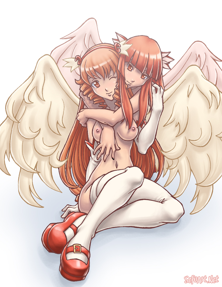 angel_wings bangs blunt_bangs blush boreas_(trickster) breasts drill_hair elbow_gloves eurus_(trickster) female gloves hairband hug hug_from_behind long_hair looking_at_viewer mary_janes multiple_girls navel nipples nude orange_hair payot red_eyes red_hair sefuart shoes sitting smile thighhighs trickster twin_drills watermark web_address white_legwear wings wink yuri