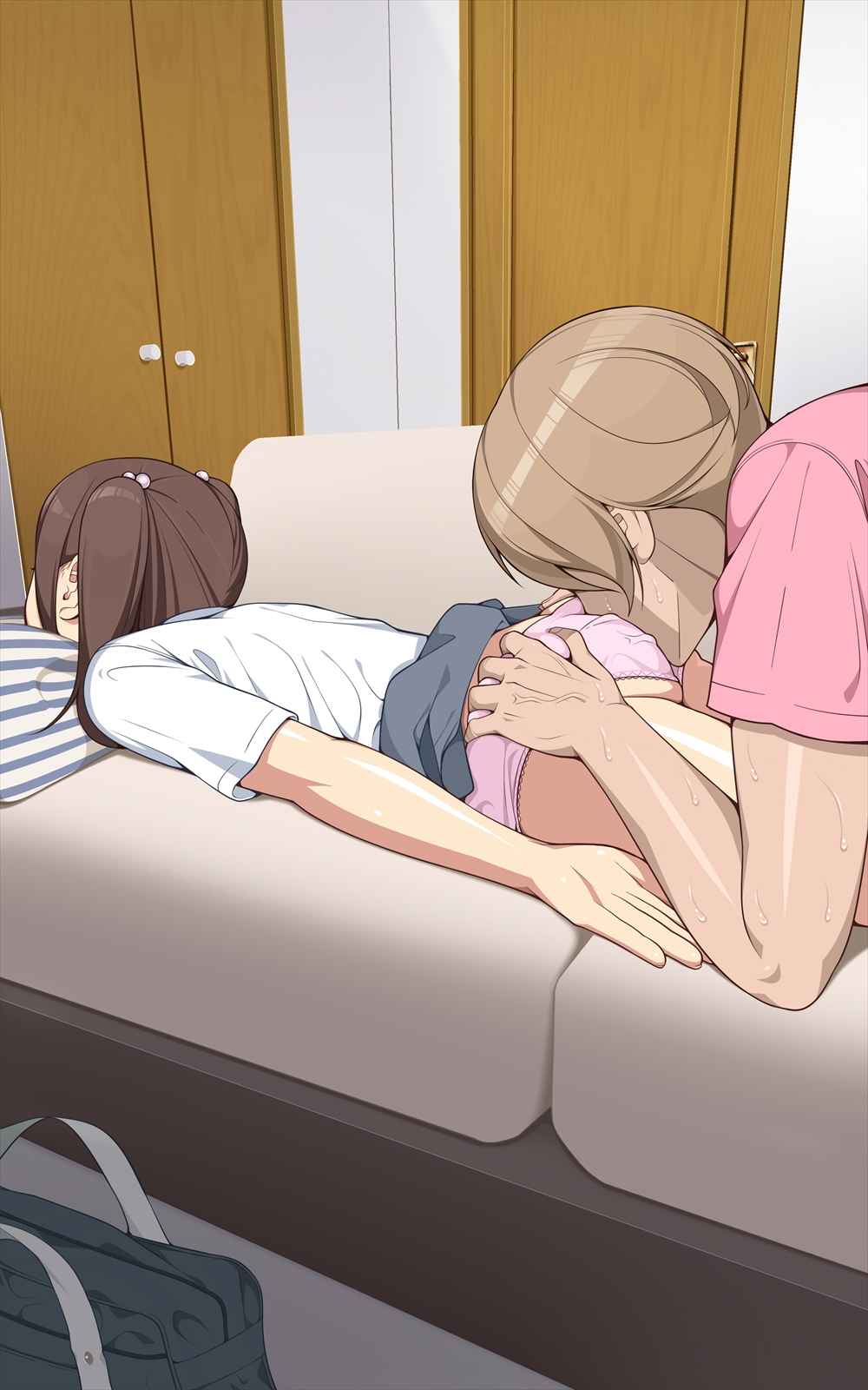 ass, ass grab, ass sniffing, brother and sister, brown hair, clammbon, clothing, couch, door, face in ass, female, highres, incest, lying, on stomach, original, panties, pillow, pink panties, school bag, school uniform, short hair, skirt, skirt lift, sleep molestation, sleeping, sweat, tied hair, twintails, underwear