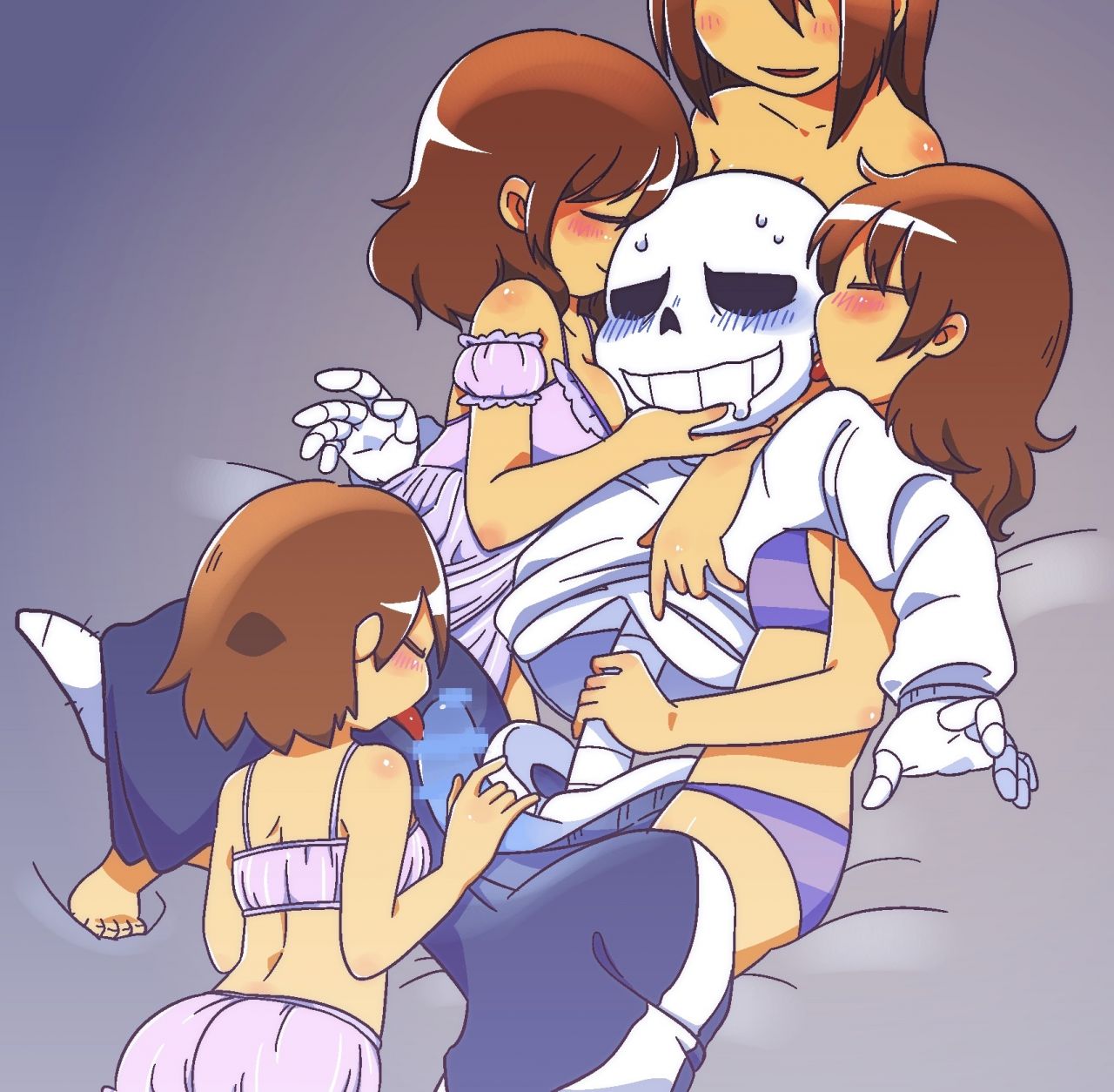 1boys 4girls artist_request bikini blowjob blue_blush blue_penis blush censored censored_penis female_frisk frisk frisk_(undertale) licking_penis multiple_girls sans sans_(undertale) sex skeleton solo solo_female sweat sweatdrop tagme undertale undertale_(series) white_shirt