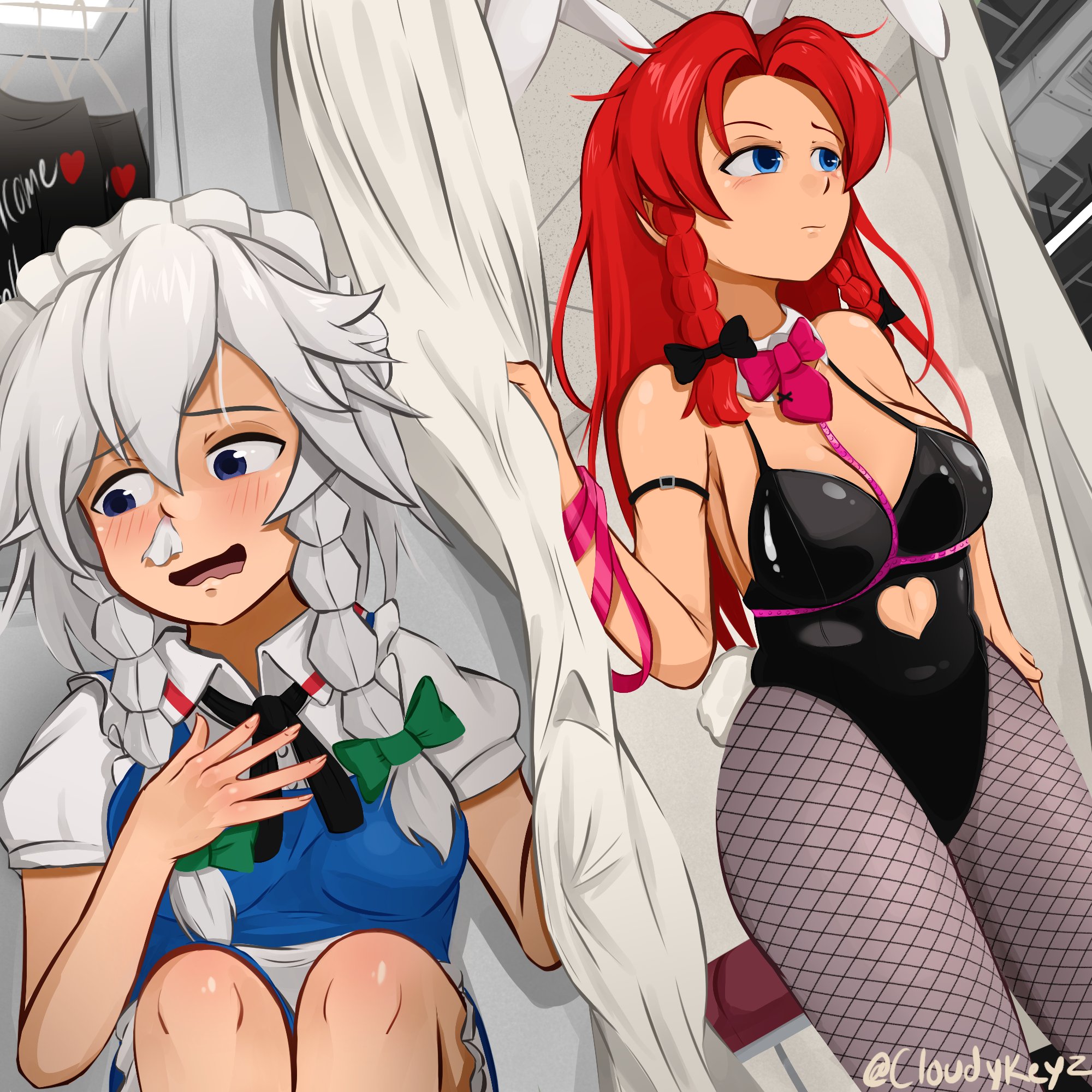 2girls, blush, bunnysuit, changing room, cloudykeyz, female, flustered, hatsune miku (cosplay), hiding, hong meiling, nosebleed, peeping, rabbit hole (deco*27/caststation), rabbit hole (vocaloid), sakuya izayoi, touhou, vocaloid, yuri