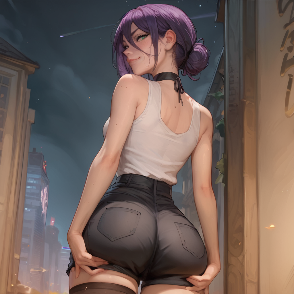 ai_generated bigrx black_shorts chainsaw_man choker cityscape cute green_eyes high_waisted_bottomwear high_waisted_shorts kittew_(style) night presenting_ass purple_hair reze_(chainsaw_man) seductive_smile short_shorts shorts tank_top thighhighs tight_shorts underbutt