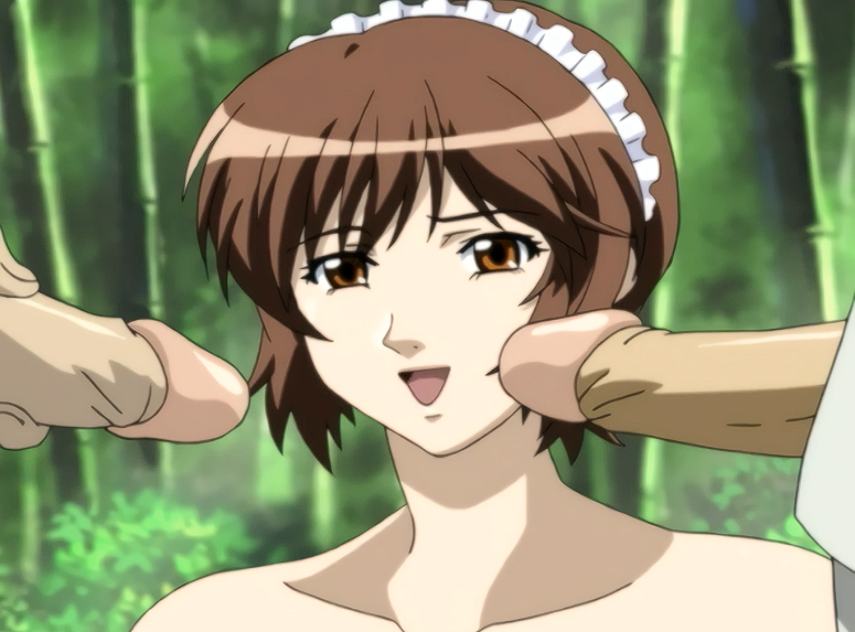 1girls 2boys bamboo bamboo_forest brown_eyes brown_hair brunette female maid_cap maid_headdress mature_female naked naked_female no_bra no_clothes nonomiya_momoko nude nude_female penis screencap shimai_tsuma_3 shimaizuma_3 uncensored