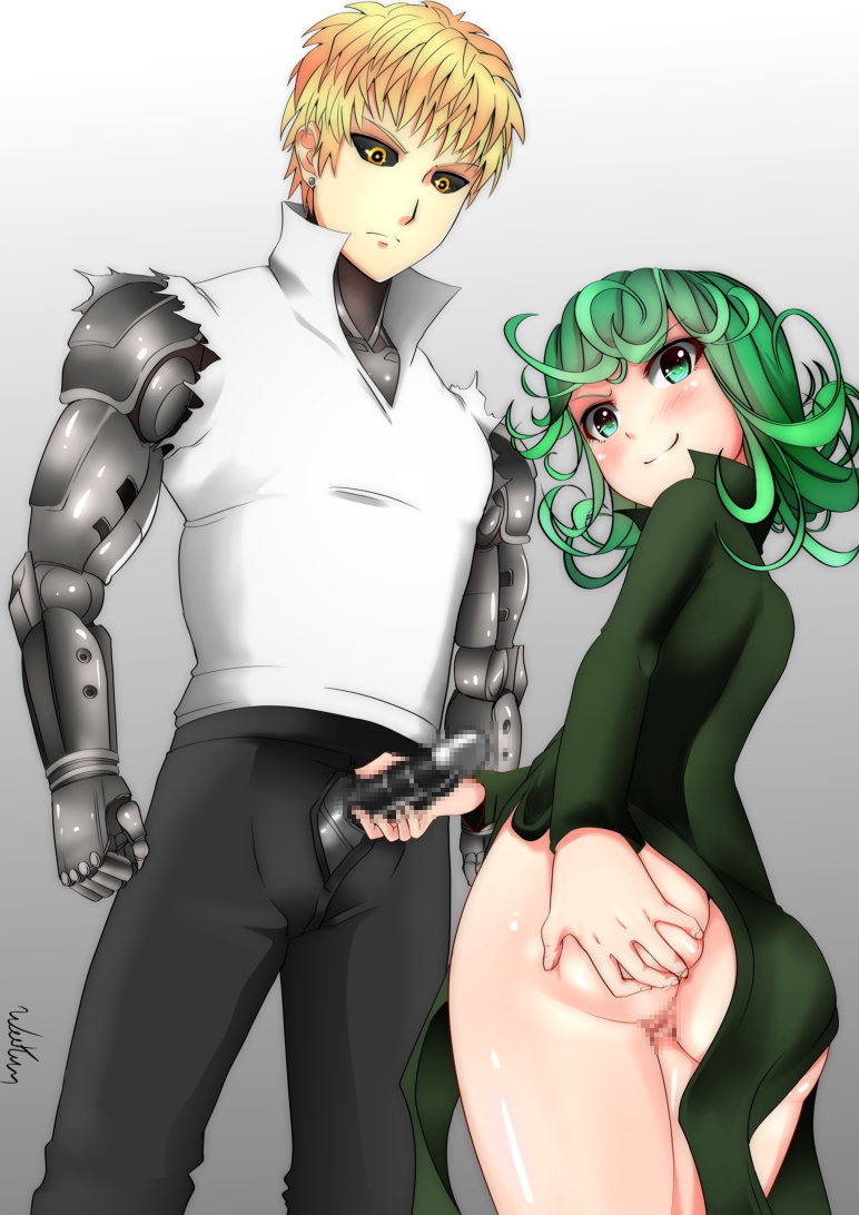 1boy, anus, ass, ass grab, black sclera, blonde hair, blush, breasts, censored, cyborg, deep skin, dress, female, genos, green eyes, green hair, height difference, male, mosaic censoring, naughty face, no panties, one-punch man, penis, petite, pussy, shiny, shiny hair, shiny skin, shirt, short hair, sleeveless, smile, t-shirt, tatsumaki, torn clothes, torn shirt, weekun, yellow eyes