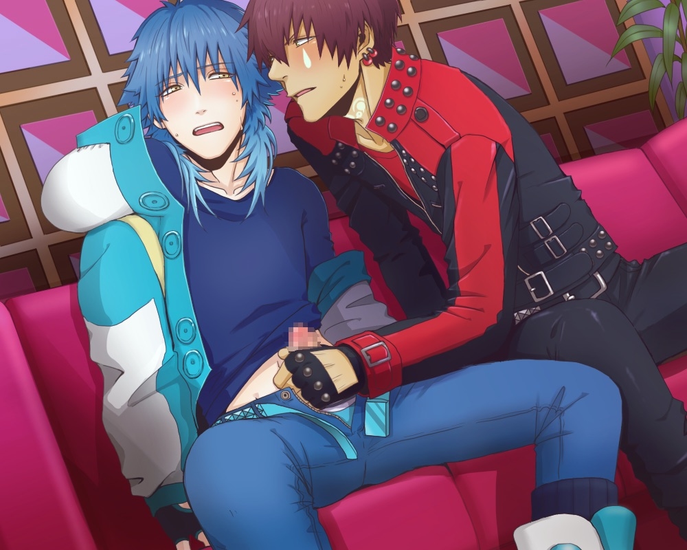 2boys blue_hair blush brown_hair censored dramatical_murder handjob long_hair mizuki_(dramatical_murder) multiple_boys seragaki_aoba short_hair sweat yaoi