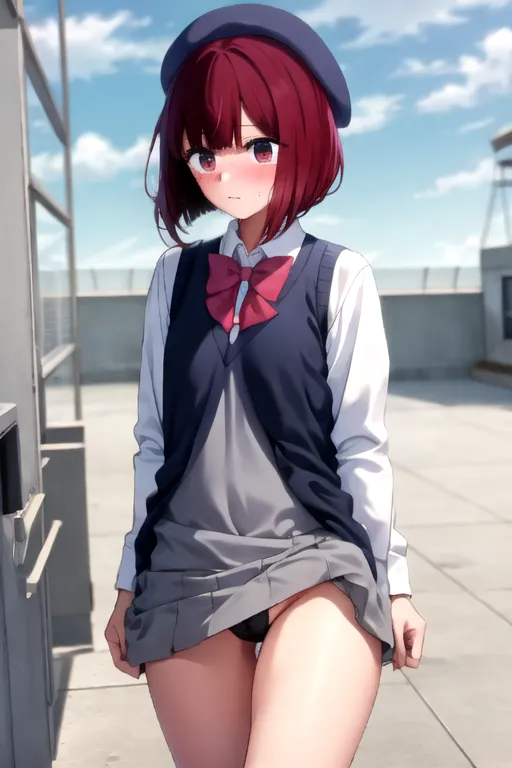 ai_generated arima_kana artist_request blush dress_lift hat light-skinned_female light_skin oshi_no_ko panties red_eyes red_hair ribbon short_hair small_breasts stable_diffusion student