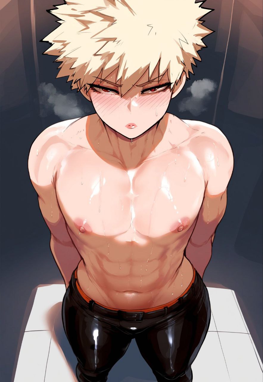 abs ai_generated blonde_hair boku_no_hero_academia bulge bulge_through_clothing femboy katsuki_bakugou latex_clothing latex_legwear light-skinned_male looking_at_viewer makeup male_only muscular_femboy muscular_male my_hero_academia nipples outline pink_nipples royalcockwarmer small_penis standing topless twink wide_hips