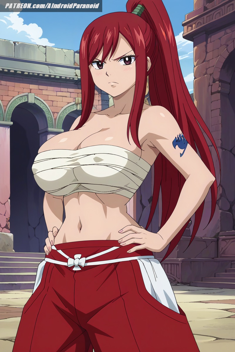 ai_generated aindroidparanoid bandages big_breasts breasts brown_eyes busty curvy erza_scarlet fairy_tail fat_ass female female_only hand_on_hip hips huge_breasts large_breasts long_hair midriff narrow_waist navel nipples pants ponytail red_hair samurai slim_waist stable_diffusion voluptuous