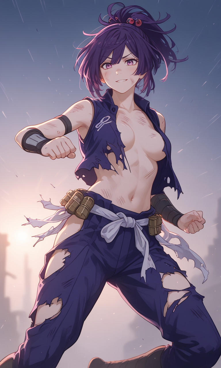 ai_generated battle_damage bruise cleavage damaged_clothes fighting ninja ripped_clothing torn_clothes yuzuriha_(jigokuraku)