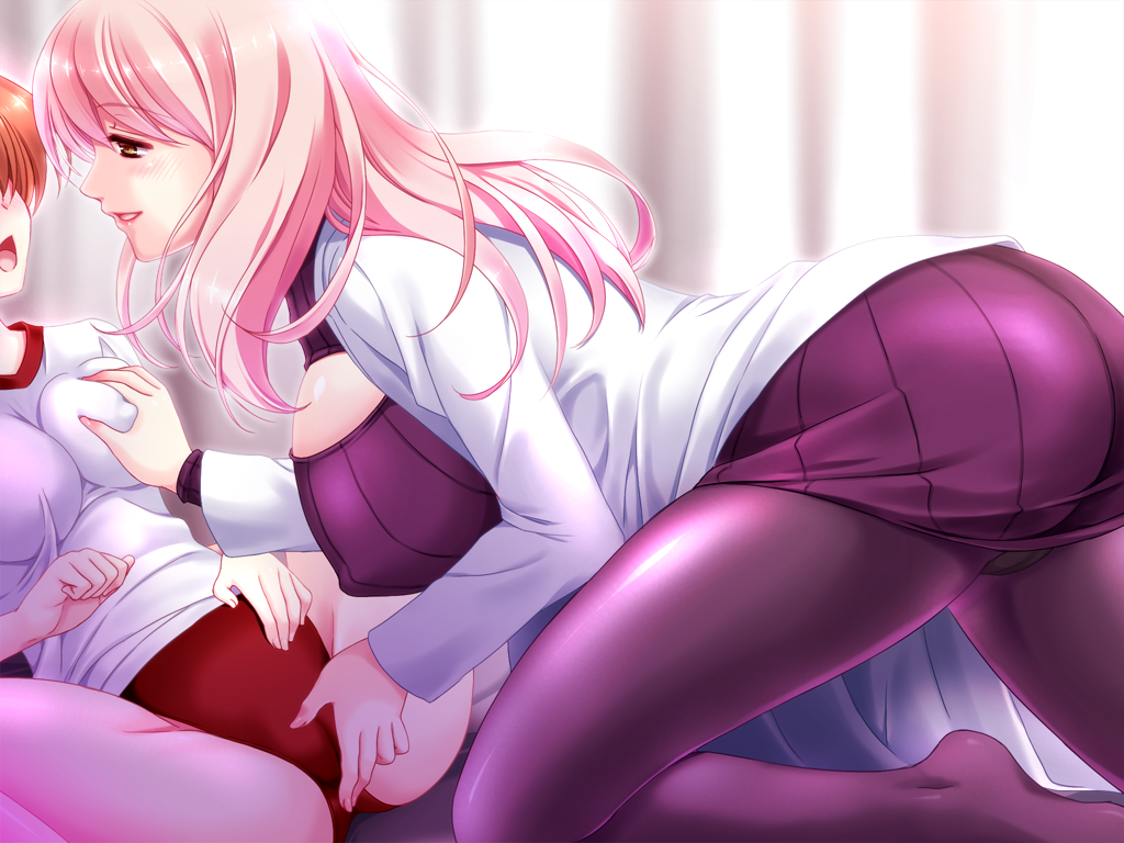 2girls ass blush breast_grab breasts buruma cameltoe chikubi_(artist) clothing erect_nipples female game_cg gym_uniform haramase_saimin_kan_jk_to_zetsurin_kimo_oyaji highres huge_breasts kusarou labcoat large_breasts legs long_hair multiple_girls pantyhose pink_hair sitting smile spread_legs sweater_dress thighs yellow_eyes yuri zion_(company)