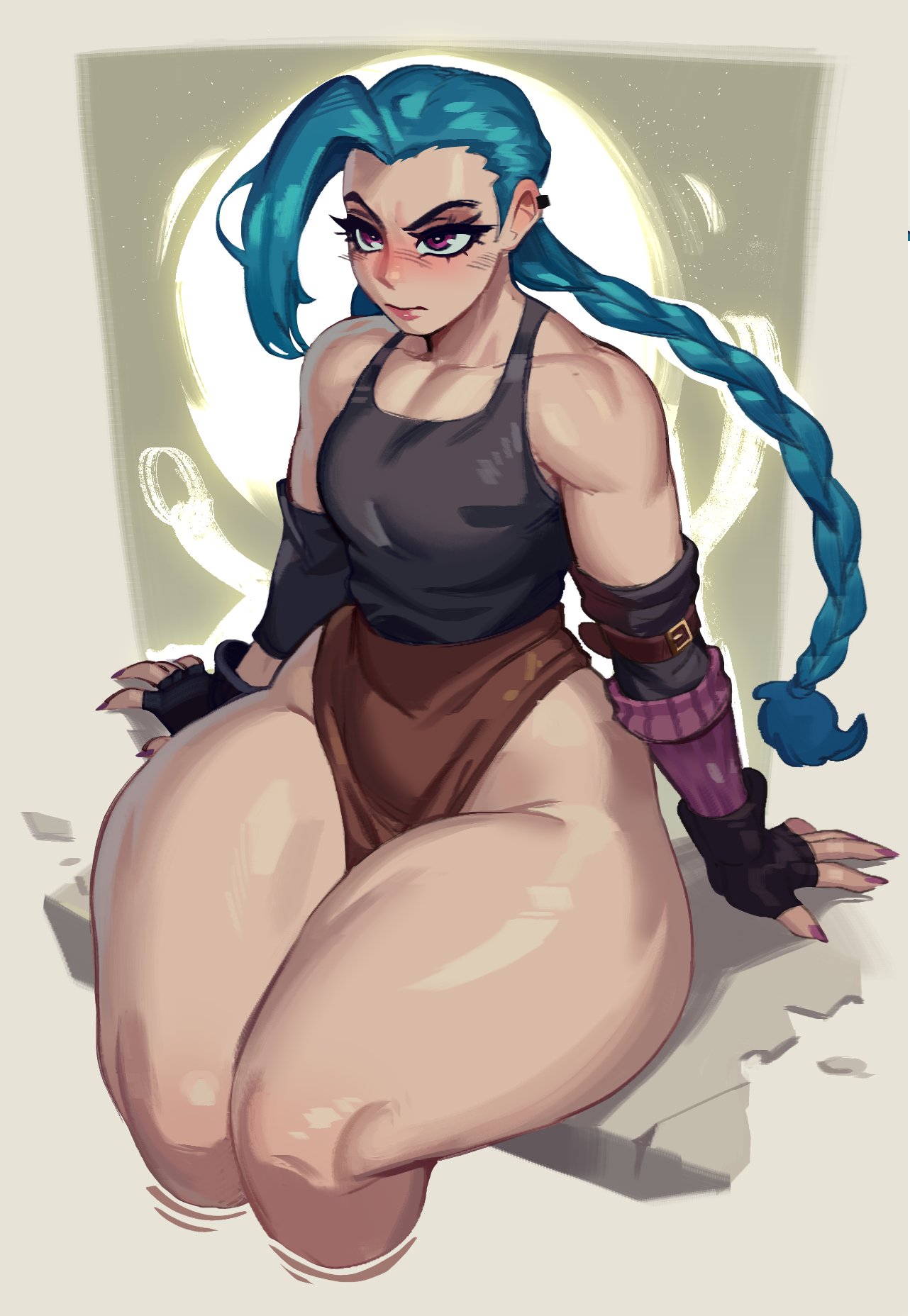 blue_hair braid huge_hips huge_thighs jinx_(league_of_legends) league_of_legends leotard long_braid long_hair nocturne_nsfw skimpy small_breasts thick_thighs voluptuous voluptuous_female wide_hips