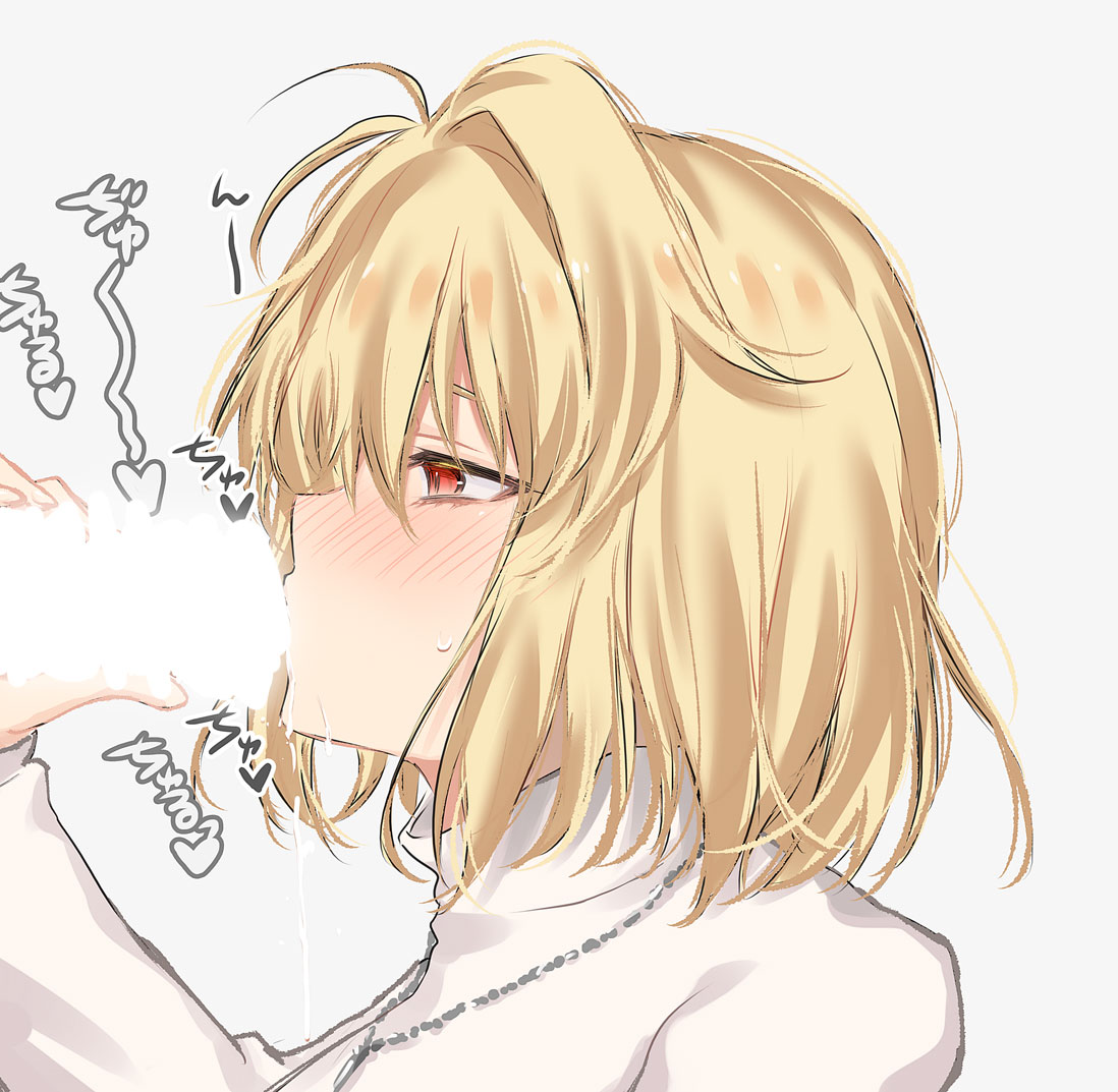 arcueid_brunestud blonde_hair blowjob blush censored commentary_request cum cum_on_body dainatsu facial fellatio female handjob jewelry licking oral pendant red_eyes short_hair simple_background solo sweater tsukihime tsukihime_(remake) upper_body white_background white_sweater