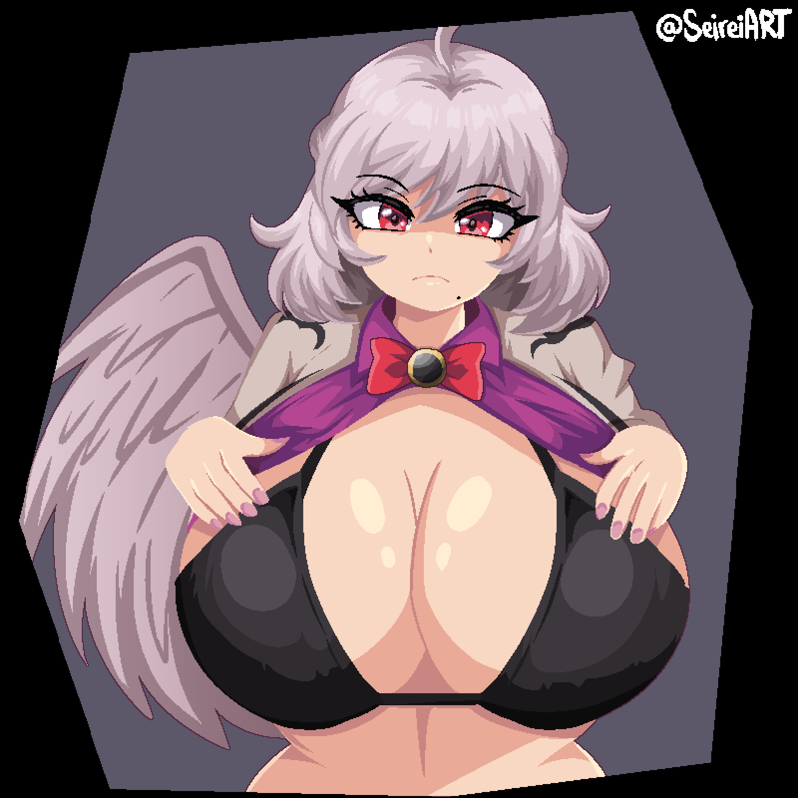 angel_wings black_underwear huge_breasts light-skinned_female light_skin mature_female milf one_wing sagume_kishin seireiart takorin_style touhou white_hair white_wings wings