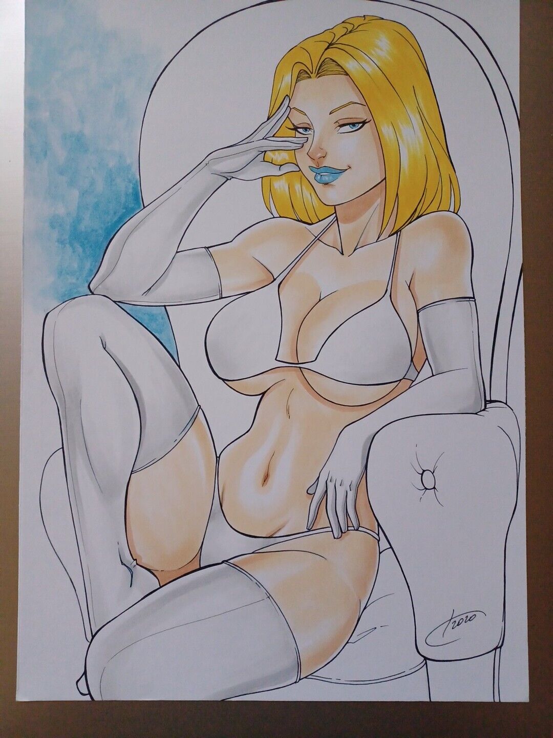 bikini bikini_bottom bikini_top blonde_female blonde_hair blue_eyes breasts carla_torres emma_frost female female_only hellfire_club large_breasts marvel marvel_comics traditional_media_(artwork) white_queen x-men