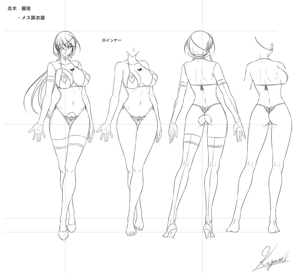 artist_name ass back black_lilith bra breasts character_sheet concept_art curvy eye_patch female kagami_hirotaka large_breasts long_hair monochrome onmyou_kishi_towako shiki_reika