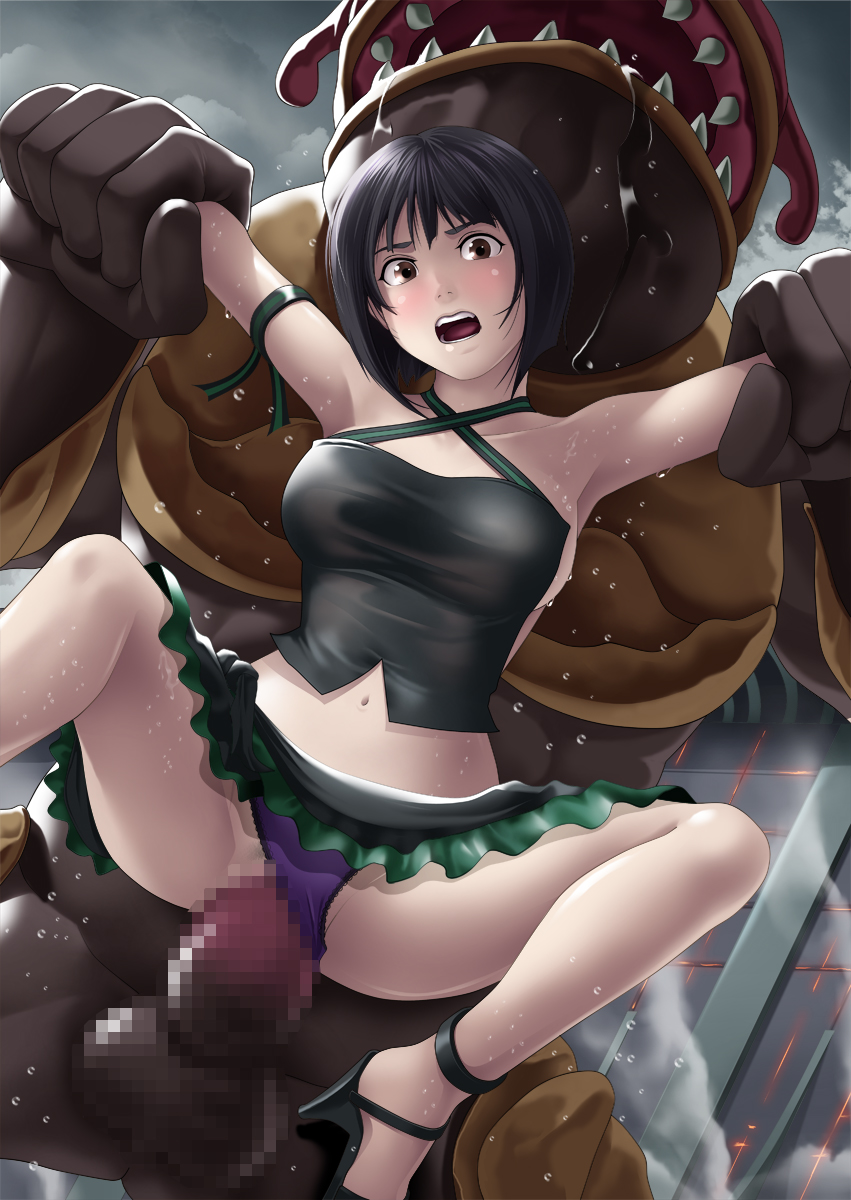 1monster arm_grab armpits bare_shoulders black_hair blush breasts brown_eyes censored deep_rising female god_eater high_heels highres legs looking_at_viewer monster mosaic_censoring navel open_mouth panties panties_aside penetration penis purple_panties pussy rape reverse_suspended_congress sex short_hair size_difference skirt sleeveless spread_legs sweat tachibana_sakuya thighs underwear vaginal_penetration