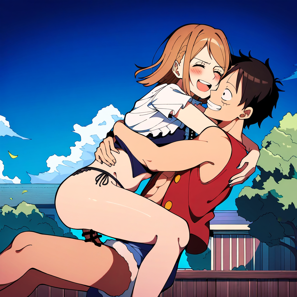 ai_generated ass big_penis blush carrying crossover dreson female jujutsu_kaisen kugisaki_nobara lace_panties male monkey_d_luffy on_top one_piece sex short_hair six_pack thick_thighs