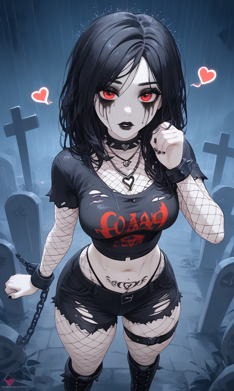 ai_generated black_hair black_metal cemetery chained choker corpse_paint crop_top facepaint goth graveyard heart love makeup manacles metal_head red_eyes ripped_clothing running_mascara shorts tattoos thong_straps