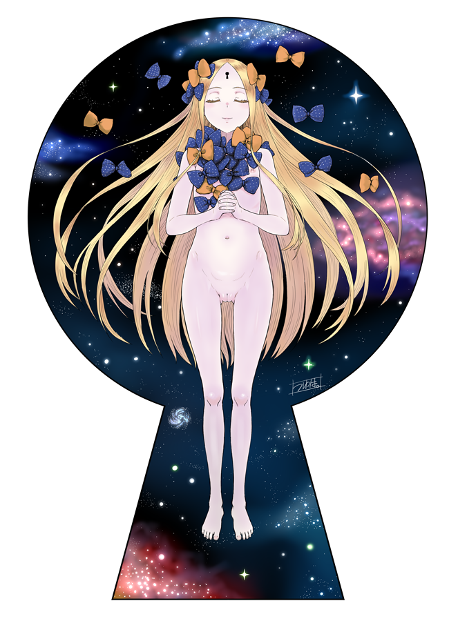 1girls abigail_williams_(fate) barefoot blonde_hair bow closed_eyes completely_nude fate/grand_order fate_(series) female flat_chest forehead full_body hairbow keyhole long_hair minazuki_tsuyuha multiple_hair_bows navel nebula nipples nude orange_bow own_hands_together parted_bangs polka_dot polka_dot_bow pussy smile solo space too_many_bows transparent_background young young_female younger_female