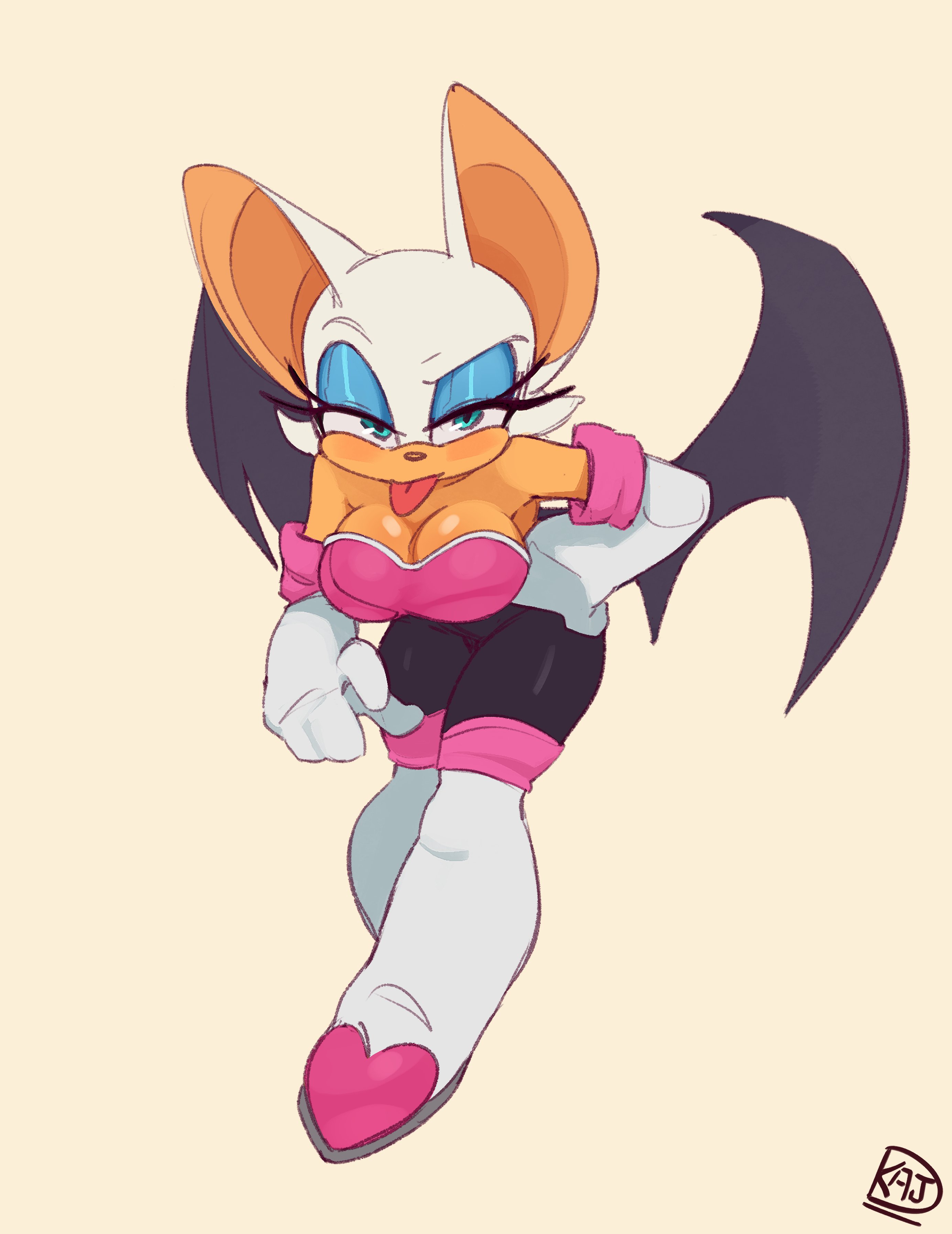 1girls, 2d, big breasts, big ears, breasts, cleavage, clothing, dkajart, dkajda, female, furry, hand on hip, huge breasts, looking at viewer, mobian, mobian (species), mobian bat, rouge the bat, sega, solo, solo female, sonic (series), sonic adventure 2, sonic the hedgehog (series), thick thighs, tongue, tongue out, wide hips, wings