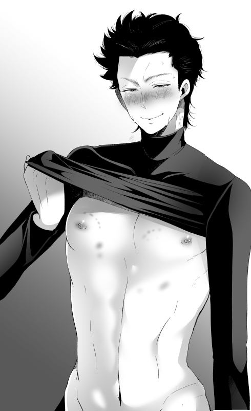 ace_of_diamond after_sex blush looking_at_viewer male male_only monochrome nipples sanada_shunpei solo undressing