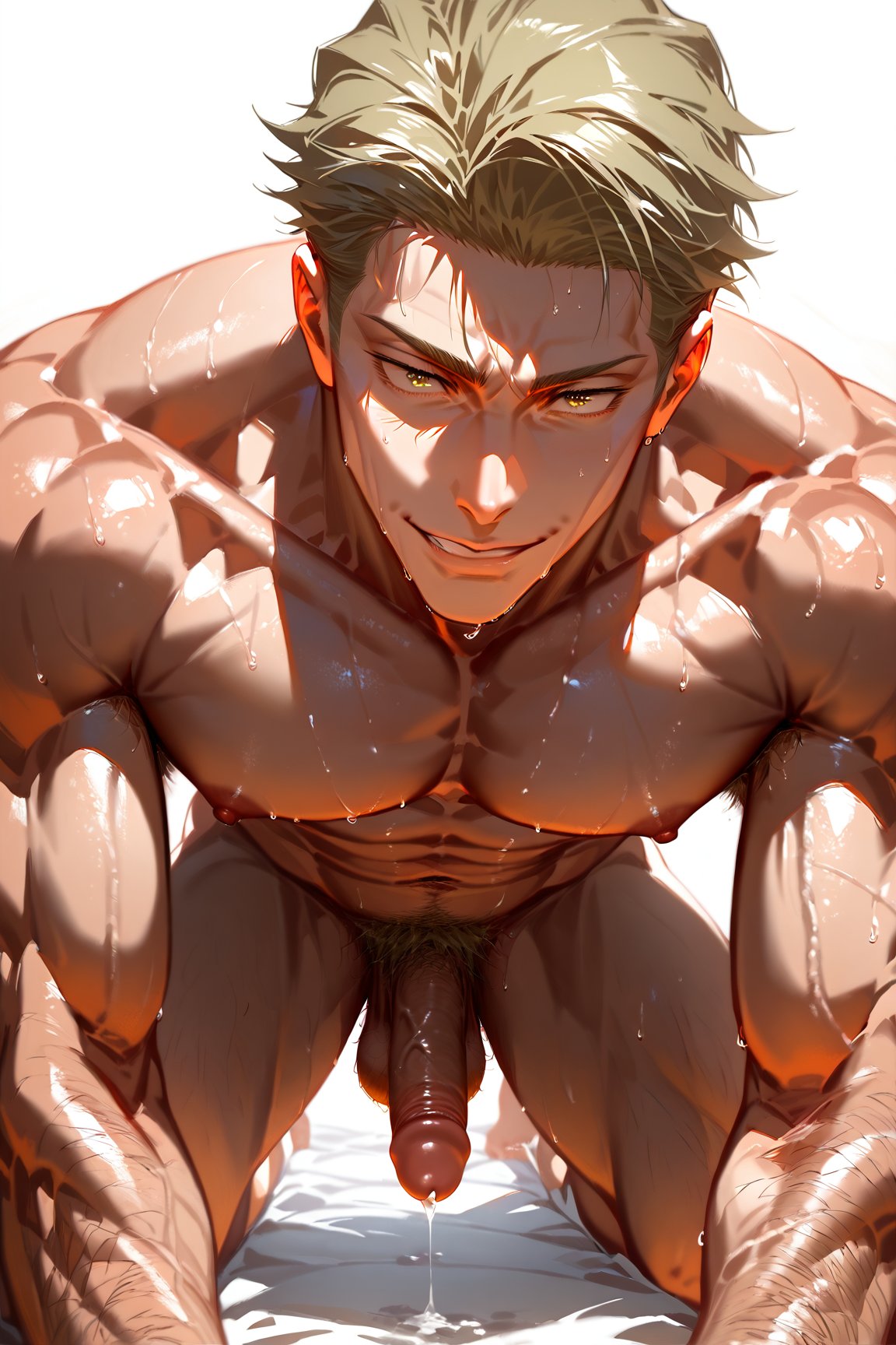 1boy abs ai_generated all_fours bara blonde_hair completely_nude cum erection goldenfieldszho green_hair jujutsu_kaisen kento_nanami large_pectorals looking_at_viewer male_focus male_pubic_hair muscular muscular_male navel nipples nude on_bed pectorals penis pubic_hair short_hair smile solo sweat testicles thick_thighs thighs uncensored