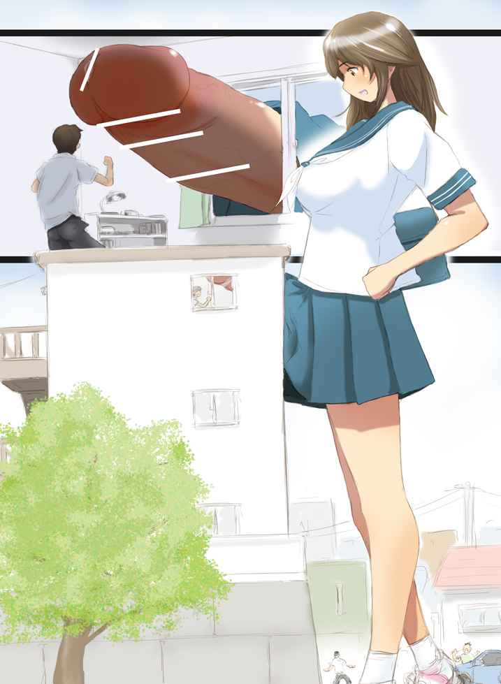 1boy 1futa biku_dai breasts brown_eyes brown_hair building censored erection female funny futa_giantess futanari giant_futanari giantess gigantic_penis hair harassment humor intersex large_breasts long_hair macro_futa micro_male micro_on_macro panah penis precum school_uniform serafuku size_difference skirt smile what window