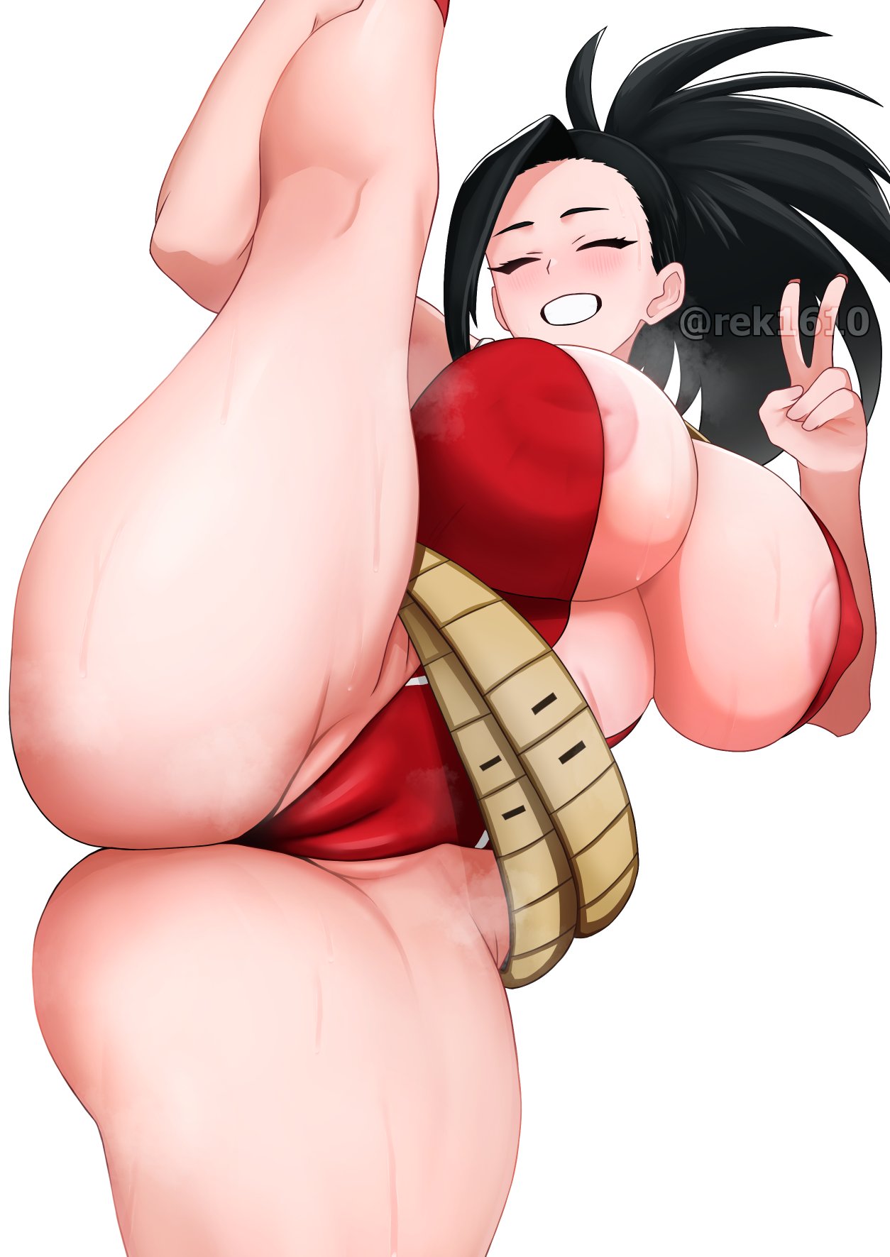 1girls areola_slip areolae big_breasts black_hair blush breasts cameltoe cleavage closed_eyes female female_only hair hero_outfit_(mha) huge_breasts inverted_nipples large_breasts leg_grab leg_up legs momo_yaoyorozu my_hero_academia one_leg_raised one_leg_up peace_sign ponytail raised_leg rek1610 revealing_clothes skimpy skimpy_clothes smile solo solo_female superheroine sweat sweatdrop thick_thighs thighs