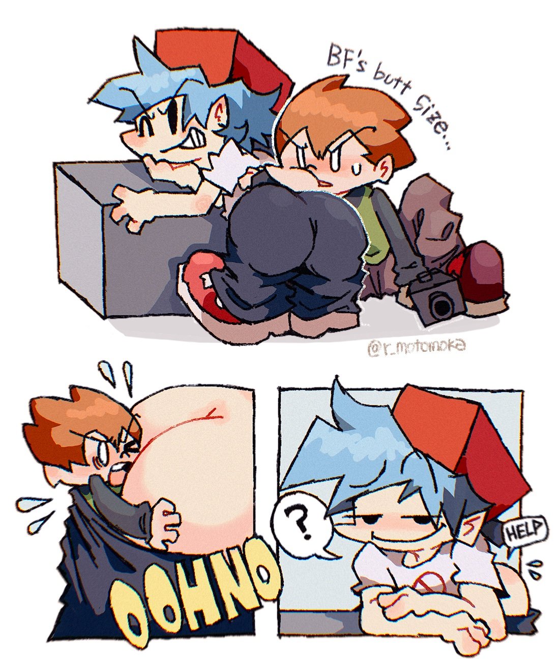 2boys ? ass ass_in_face big_ass big_butt blue_hair boyfriend_(friday_night_funkin) butt fat_ass fat_butt friday_night_funkin fully_clothed gun hat huge_ass huge_butt male male_only newgrounds orange_hair pico's_school pico_(newgrounds) r_motomoka smug sweat sweating text text_bubble thick_ass thick_butt wink