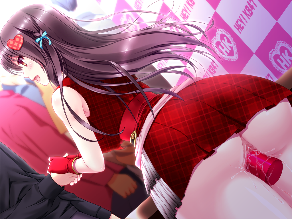 ass blush breasts censored chikubi_(artist) clothing dildo female game_cg gloves haramase_saimin_kan_jk_to_zetsurin_kimo_oyaji highres kusarou large_breasts legs long_hair looking_away mosaic_censoring no_panties open_mouth purple_hair pussy pussy_juice red_eyes skirt smile standing thighs under_skirt wet zion_(company)