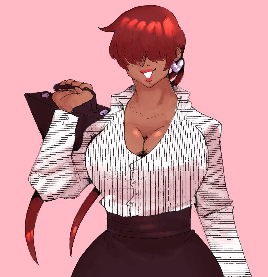 1girls big_breasts breasts busty cleavage earrings female huge_breasts king_of_fighters long_hair long_sleeves office office_lady ponytail red_hair red_head shermie_(kof) shirt skirt smile smiling_at_viewer suitcase tan tan_body tan_skin thick_hips tied_hair voluptuous voluptuous_female wide_hips