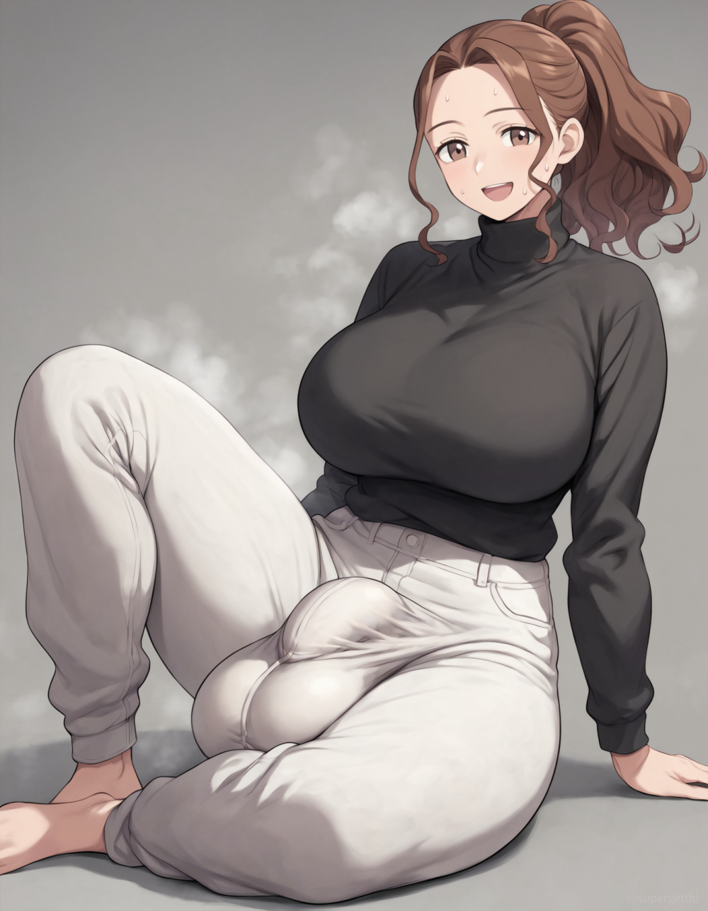 1futa ai_generated balls_under_clothes brown_eyes brown_hair bulge bulge_through_clothing futa_only futanari futanari huge_breasts open_mouth pants ponytail sitting steam steaming_body supergetthi sweat turtleneck