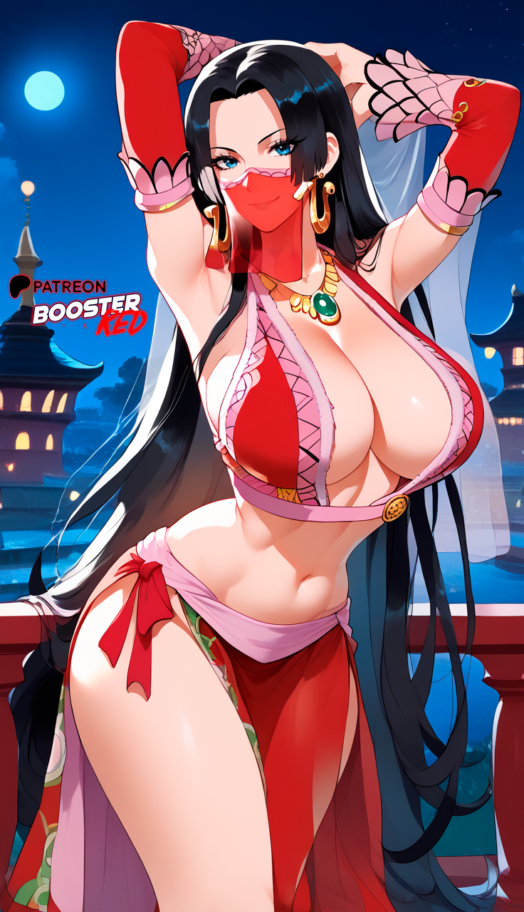 1girls ai_generated arms_above_head arms_behind_back bare_shoulders bedroom belly_dancer belly_dancer_outfit black_hair boa_hancock boosterred99 cleavage dancer dancer_outfit earrings female female_only large_breasts long_hair mouth_veil one_piece seductive_look sedutive_smile sleeveless smile underboob