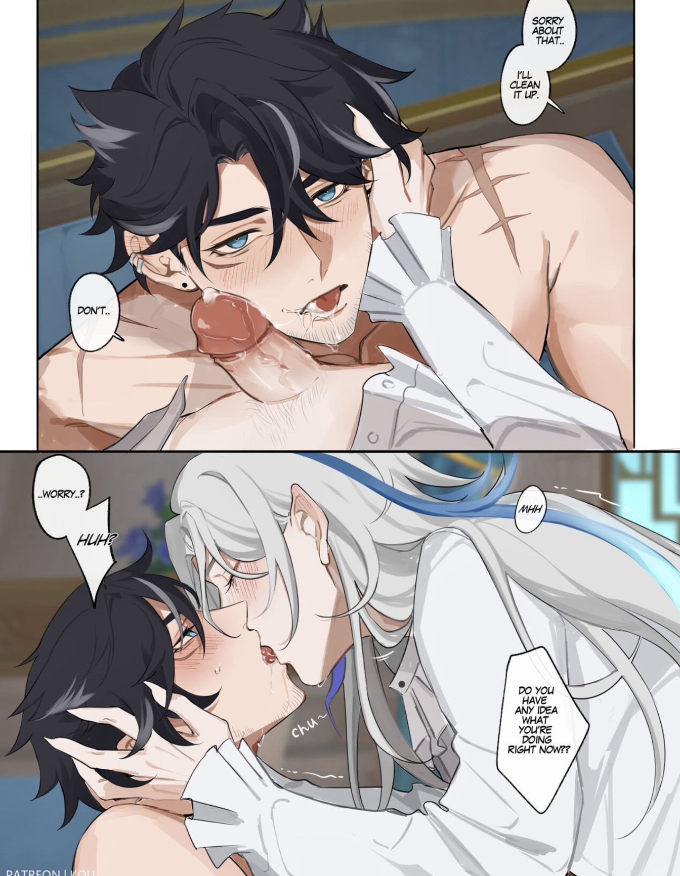 2boys, black hair, blue eyes, clothed, cum in mouth, english text, gay, genshin impact, kissing, male, male/male, malesub, neuvillette (genshin impact), oral, oral sex, tagme, white hair, wriothesley (genshin impact), yaoi
