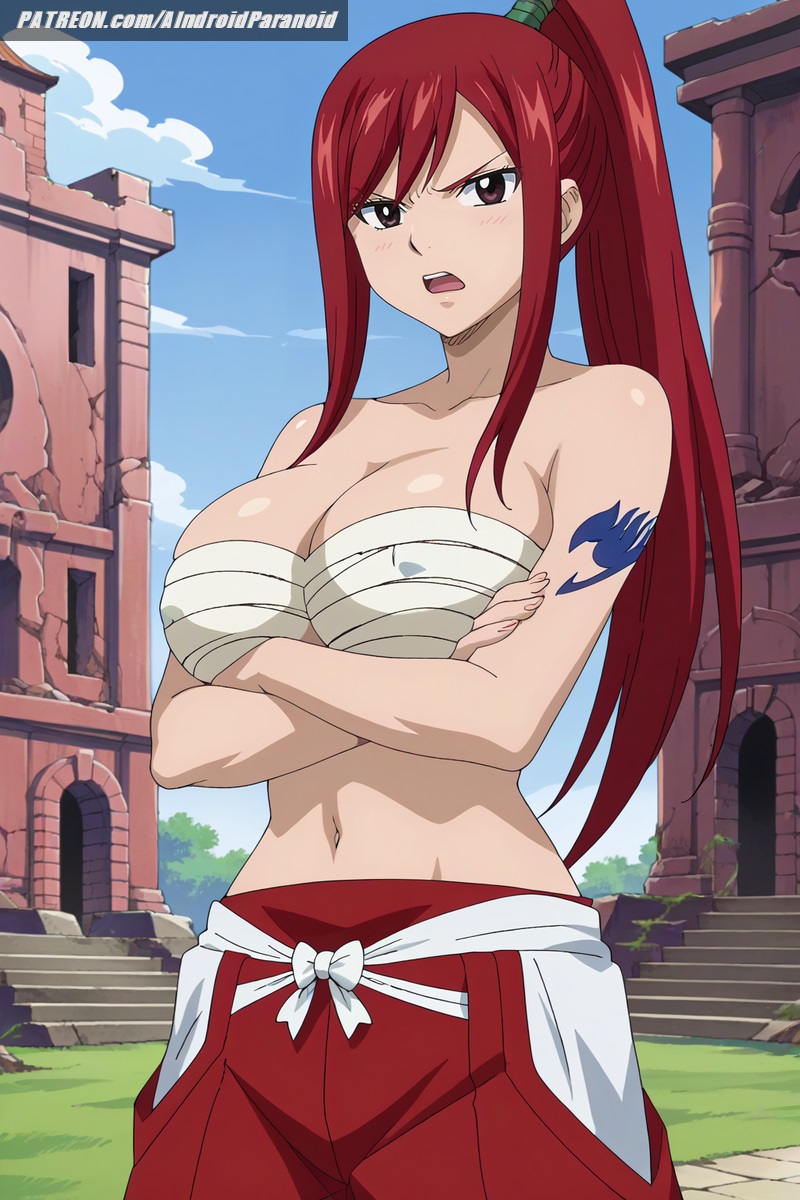 ai_generated aindroidparanoid bandages big_breasts breasts brown_eyes busty crossed_arms curvy erza_scarlet fairy_tail fat_ass female female_only hips huge_breasts large_breasts long_hair midriff narrow_waist navel nipples pants ponytail red_hair samurai slim_waist stable_diffusion upset voluptuous