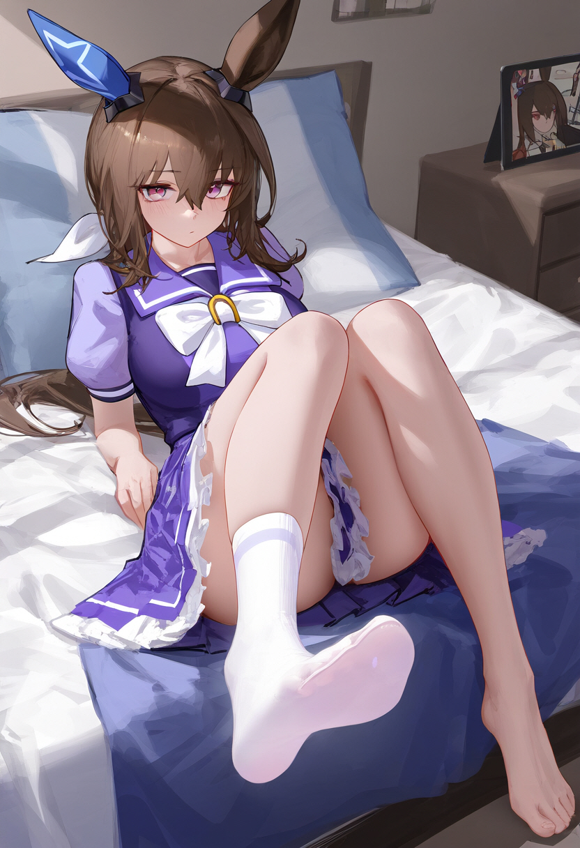 1girls admire_vega_(umamusume) ai_generated animal_ears breasts brown_hair feet female foot_fetish half_ponytail horse_girl long_hair purple_eyes socks umamusume umamusume_pretty_derby