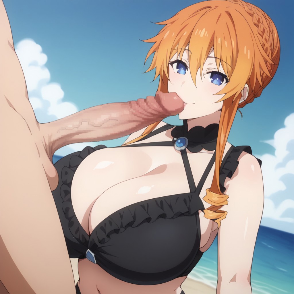 1boy 1girls ai_generated beach big_breasts bikini black_bikini blue_eyes breasts date_a_live female female_focus huge_breasts imminent_fellatio large_breasts orange_hair penis smiling yamai_yuzuru