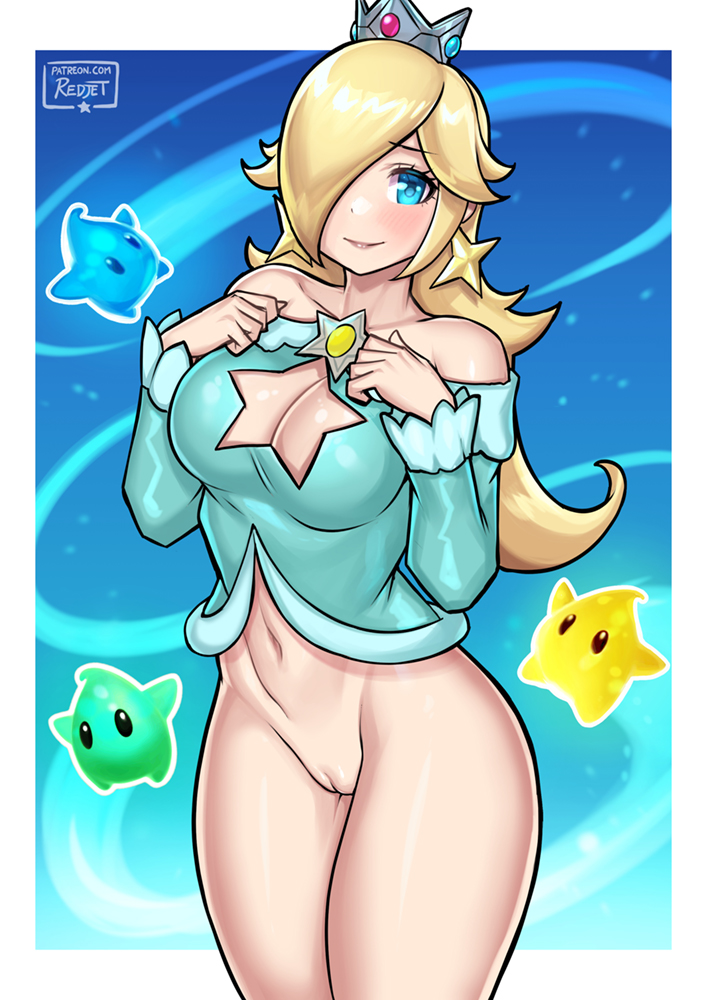 1girls blonde_hair blue_eyes boob_window bottomless breasts cleavage cleavage_cutout earrings female hair_over_one_eye long_hair luma mario_(series) navel nintendo princess_rosalina pussy redjet tagme thighs