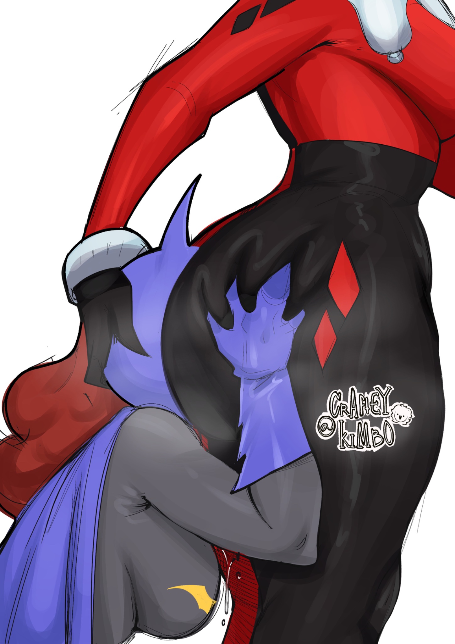 2026, 2d, 2girls, ass, ass eating, ass focus, ass grab, barbara gordon, batgirl, batgirl (barbara gordon), batman (series), batman: the animated series, bodily fluids, bodysuit, close-up, clothed, dc comics, defeated, defeated heroine, defeated superheroine, face in ass, fat ass, female, female only, femdom, femsub, hand on another's head, hand on ass, hand on head, harley quinn, harley quinn (classic), he tryna ignore it (meme), hi res, kimboscraft, kneeling, large ass, multiple girls, red hair, red-haired female, saliva, saliva string, simple background, superhero costume, superheroine, supervillainess, supervillainess costume, twitter username, white background, yuri