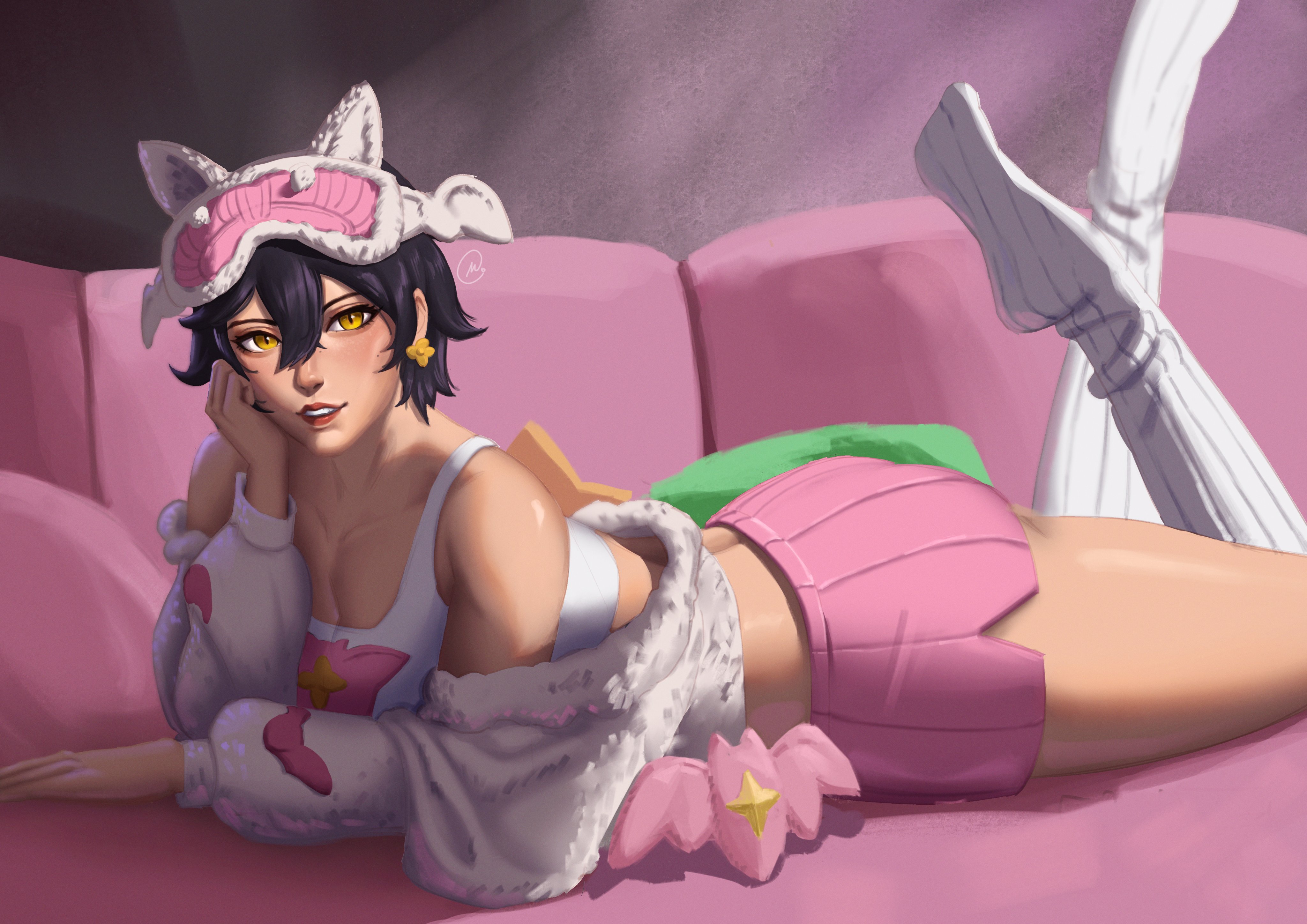 2d, asian, asian female, female, fully clothed, jubilation lee, jubilee, jubilee (marvel rivals), jubilee (vampy jammies), marvel, marvel rivals, pajamas, sitting, solo, thick thighs