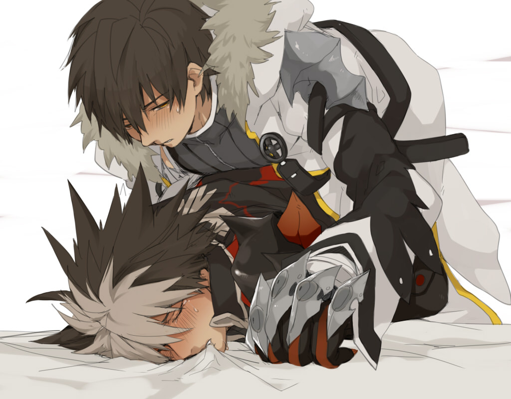 2boys anal bed biting black_hair blade_master_(elsword) blush elsword grey_hair male_only multiple_boys raven_(elsword) short_hair sweat tagme tears yaoi yellow_eyes