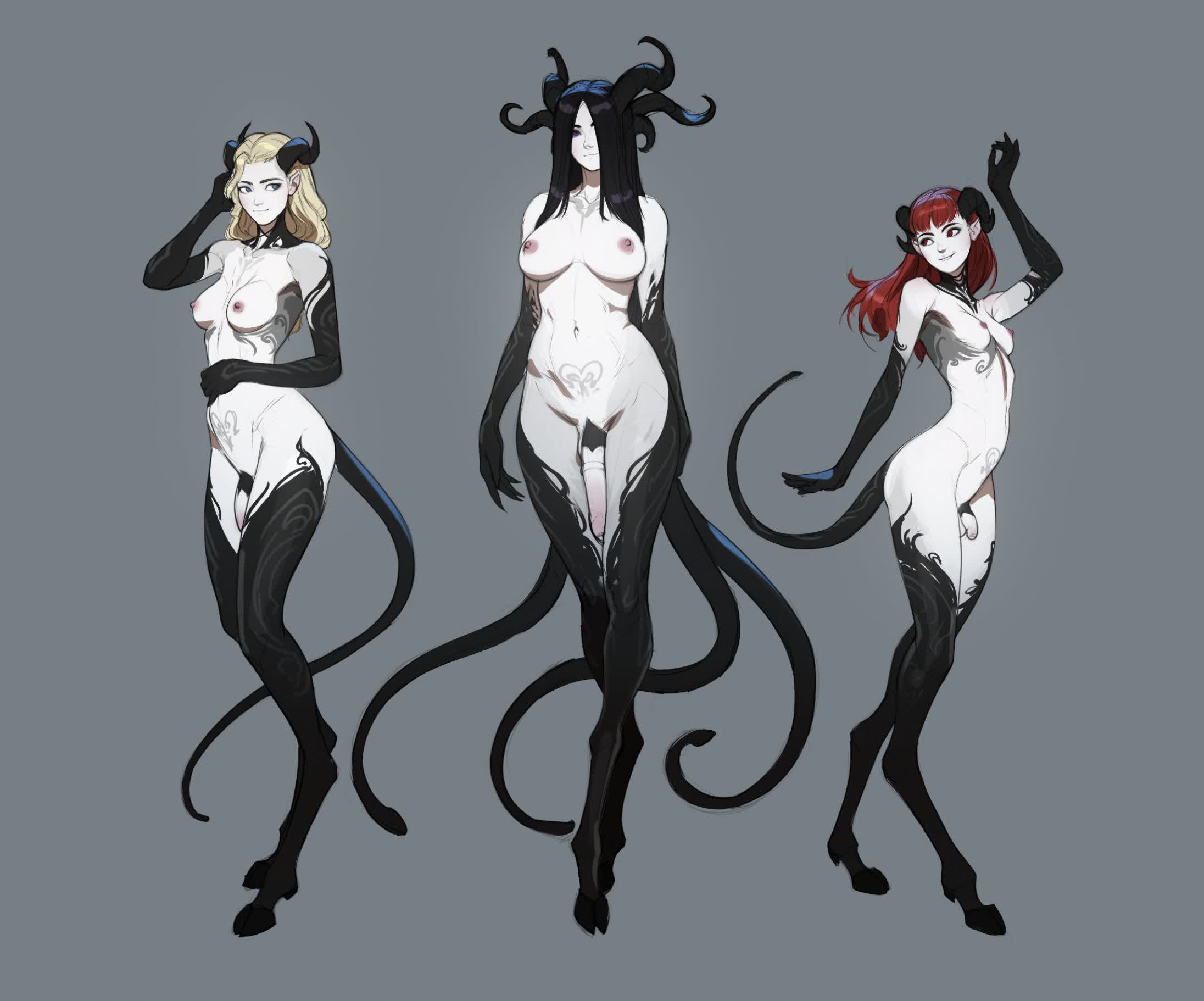 3futas, arm up, big breasts, black hair, blonde hair, blue eyes, breasts, breasts apart, commentary, copryright:mistvale, demon, demon girl, dickgirl, english commentary, female, flaccid, full body, futa only, futanari, grey background, hair over one eye, hand in own hair, highres, hooves, horn, horns, humanoid, humanoid penis, intersex, large breasts, long hair, mistveil, monster girl, multi horn, multi tail, multiple females, multiple girls, navel, nipples, nude, original, pale skin, penis, pubic tattoo, purple eyes, red eyes, red hair, simple background, small breasts, small penis, tail, tarakanovich, tattoo, white skin, wide hips