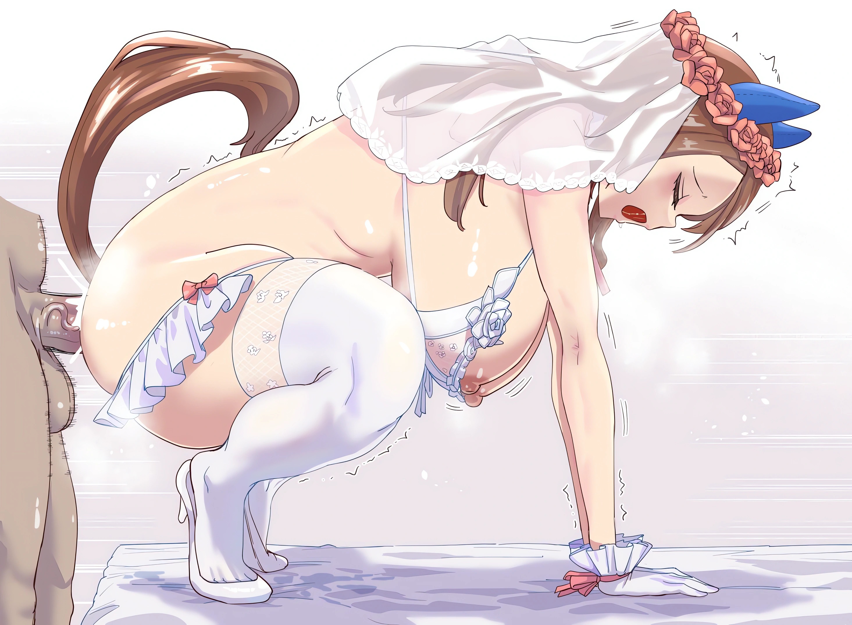 1boy, 1girl, 1girls, absurdres, all fours, artist request, blush, brown hair, closed eyes, commission, dark skin, dark-skinned male, doggystyle, from side, hetero, high heels, highres, horse ears, horse girl, horse tail, huge breasts, interracial, king halo (umamusume), light skin, light-skinned female, long hair, nipples, open mouth, saliva trail, second-party source, sex, sex from behind, solo focus, testicles, umamusume, umamusume pretty derby, uncensored, wedding lingerie, white gloves, white thighhighs