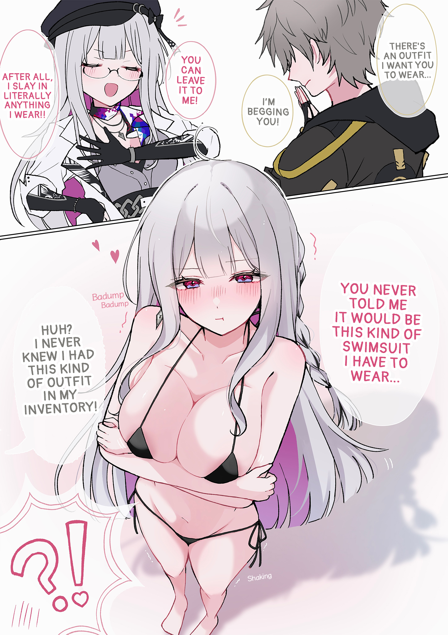 1boy, 1girls, artist request, bikini, blush, breasts, caelus (honkai: star rail), embarrassed, embarrassed female, honkai: star rail, hoyoverse, large breasts, long sleeves, looking at viewer, nihilux (honkai: star rail), purple hair, straight, swimsuit, translated, two-tone hair, white hair